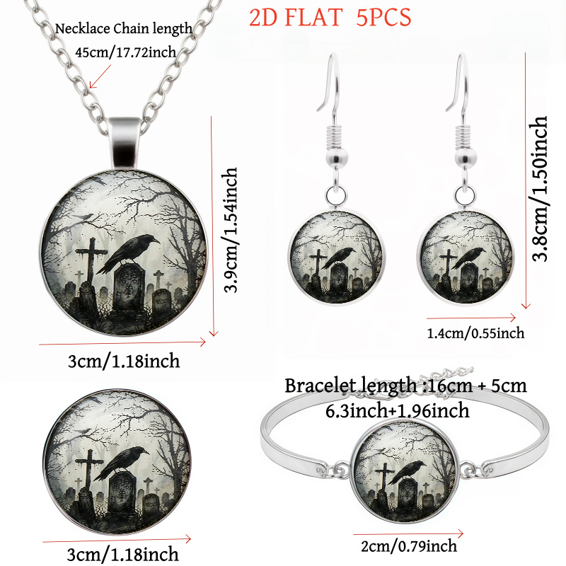 5pcs Gothic Raven & Cemetery Jewelry Set, Halloween Gift